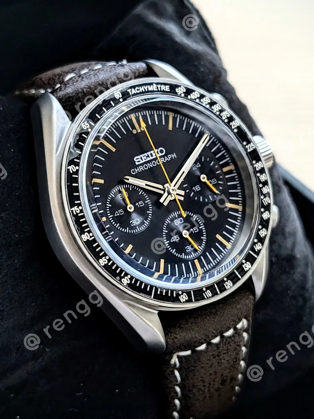 40mm Titanium Seiko Chronograph Black Dial Mod Watch with Brown Strap